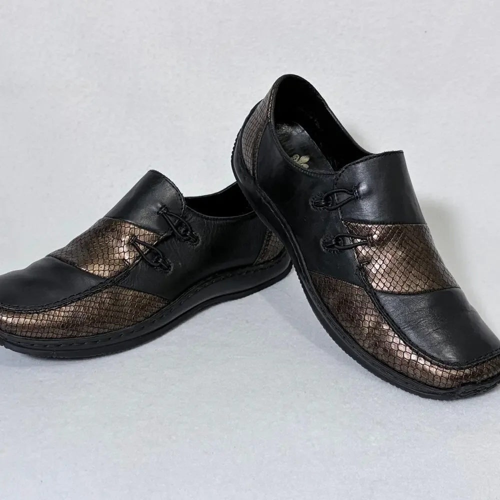 Rieker Comfort Slip On Shoes Womens 39 US 8 Black Leather Brown Argyle Metallic